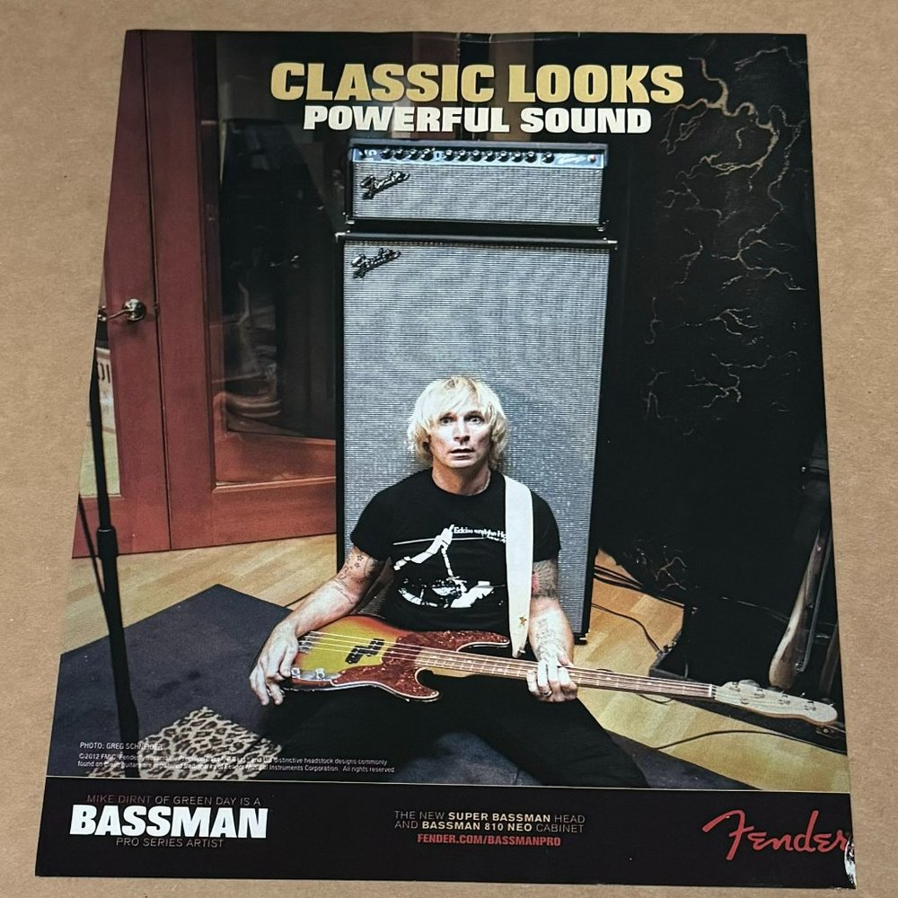 MIKE DIRNT of GREEN DAY - Fender Guitars / Amps - 2012 Print Advertisement